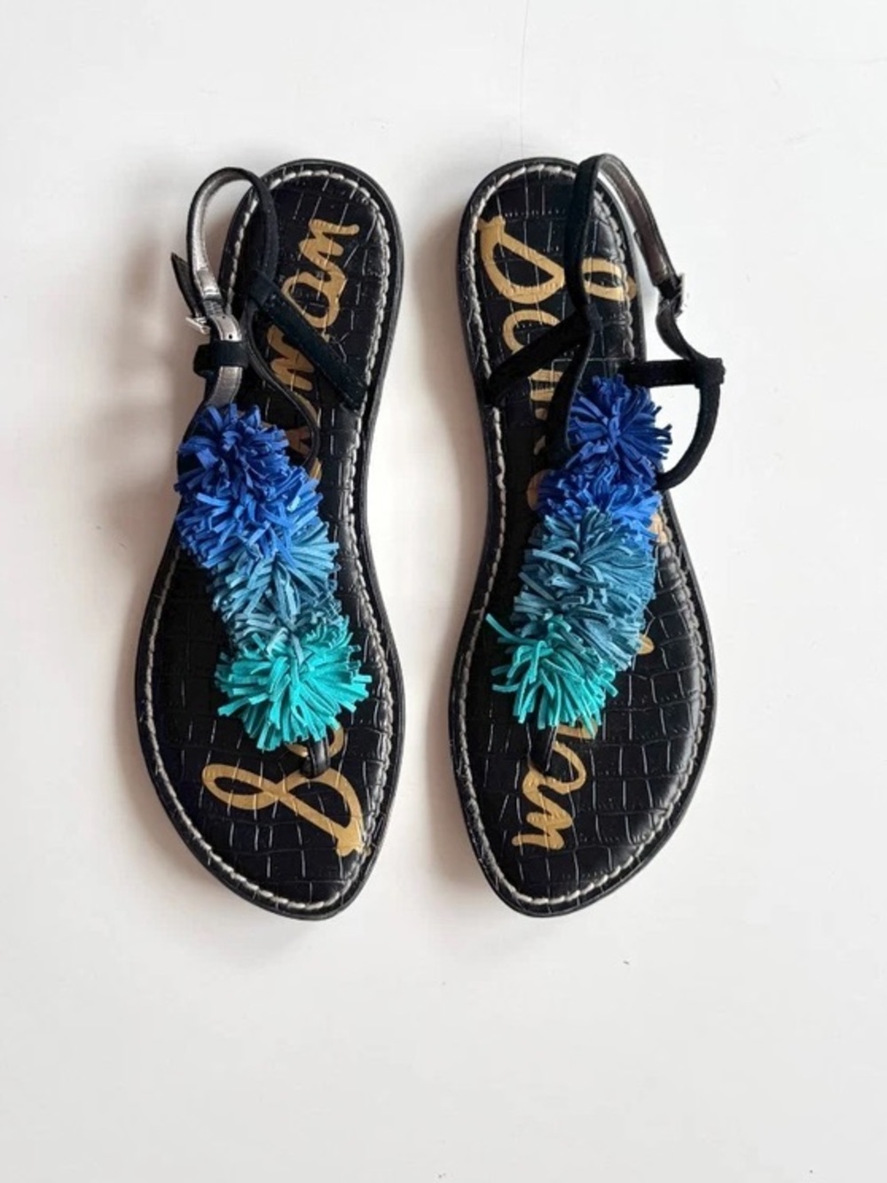 Sam Edelman Black T-Strap Sandals with Blue and Turquoise Fringe